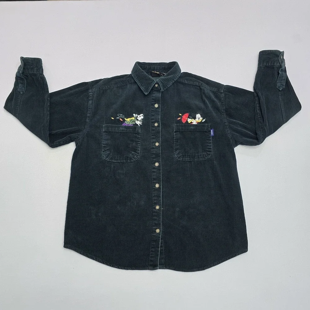 Vintage Mickey Unlimited Corduroy Shirt Mickey Goofy Embroidery Green Large